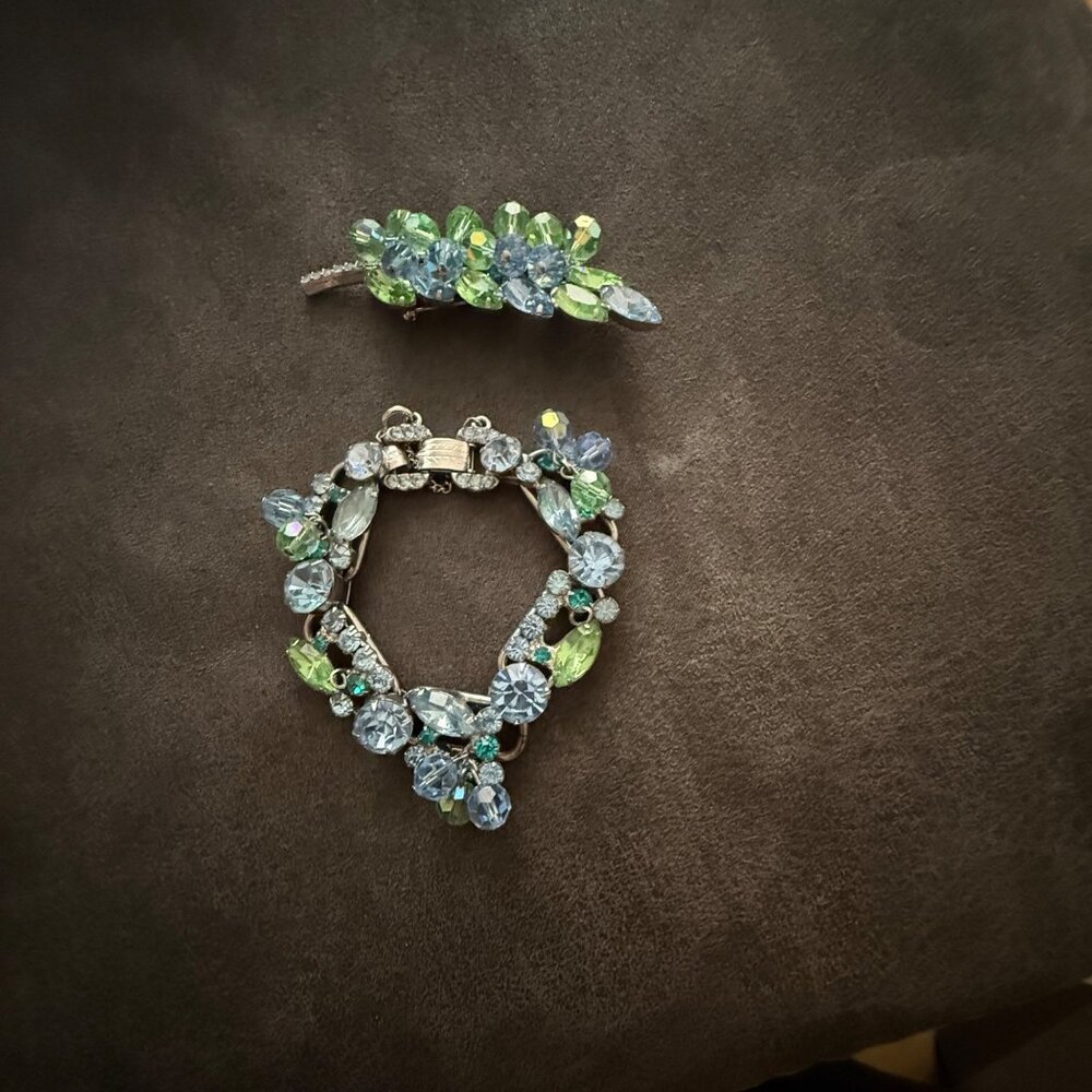 Vintage Rhinestone Bracelet & Leaf Brooch Set Blue Green Stones Silver Tone